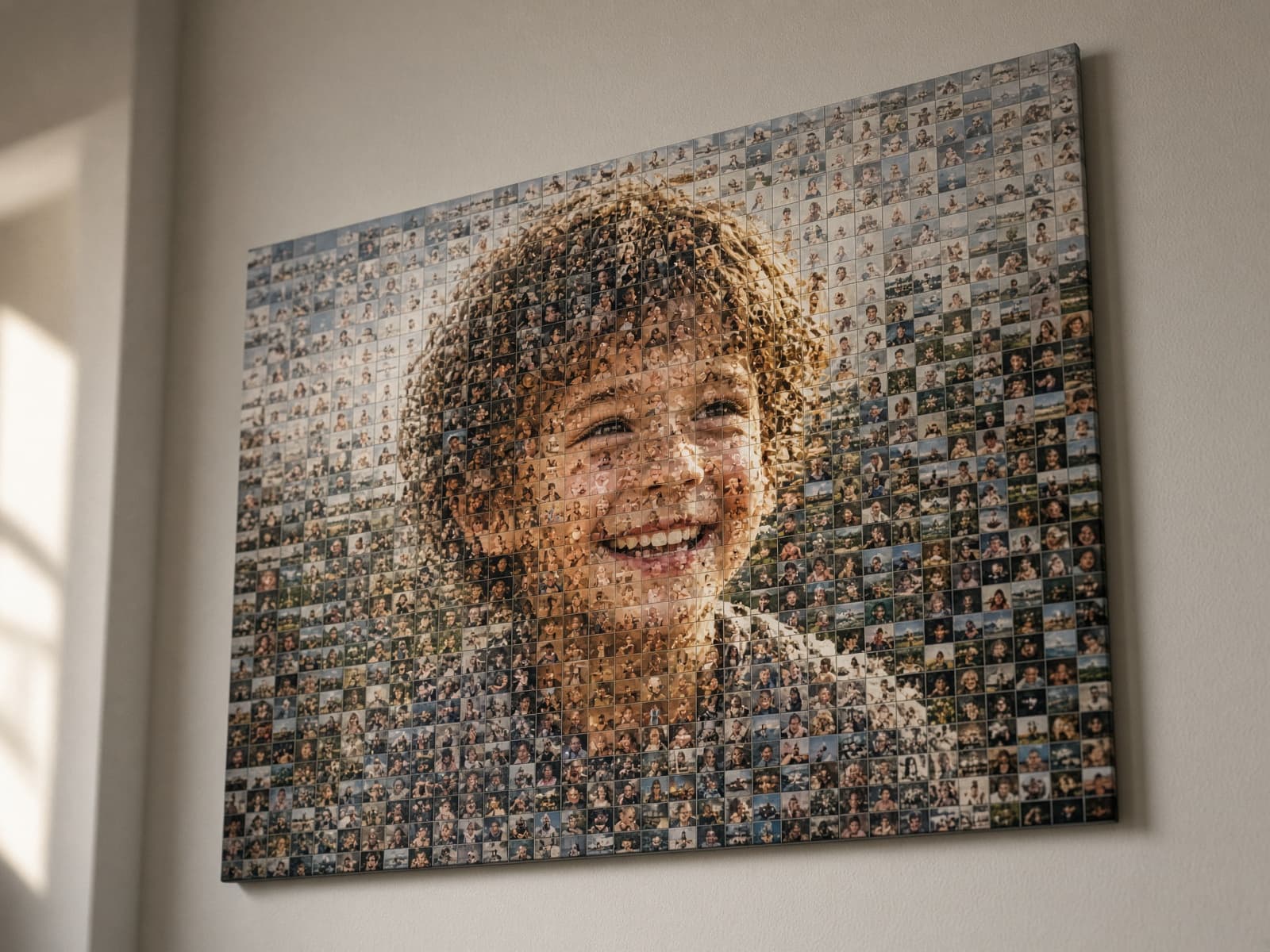 Nærbilde av en fotomosaikkplakat der de enkelte bildebrikkene vises
