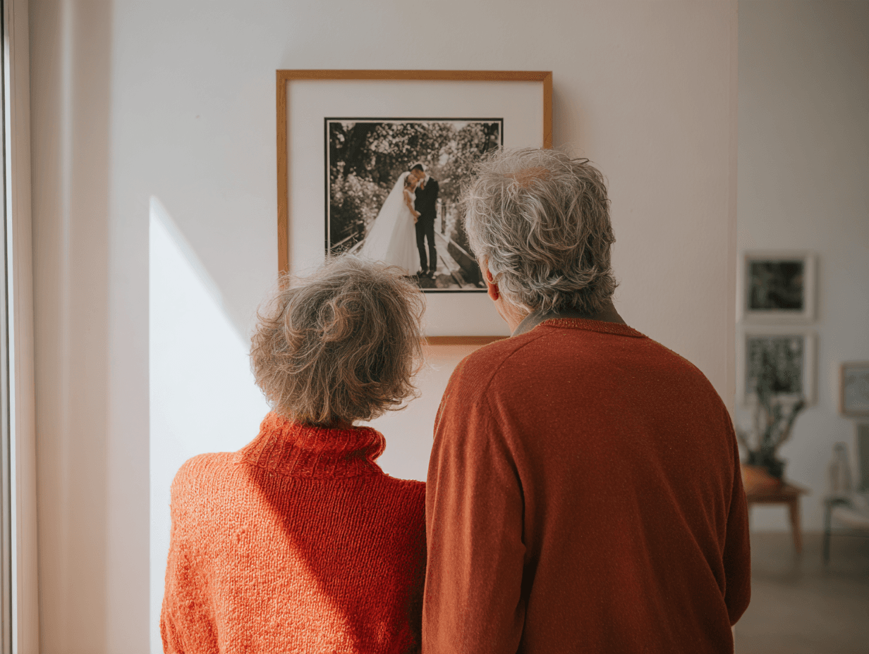 Par som henger opp en innrammet fotomosaikk på bryllupsdagen