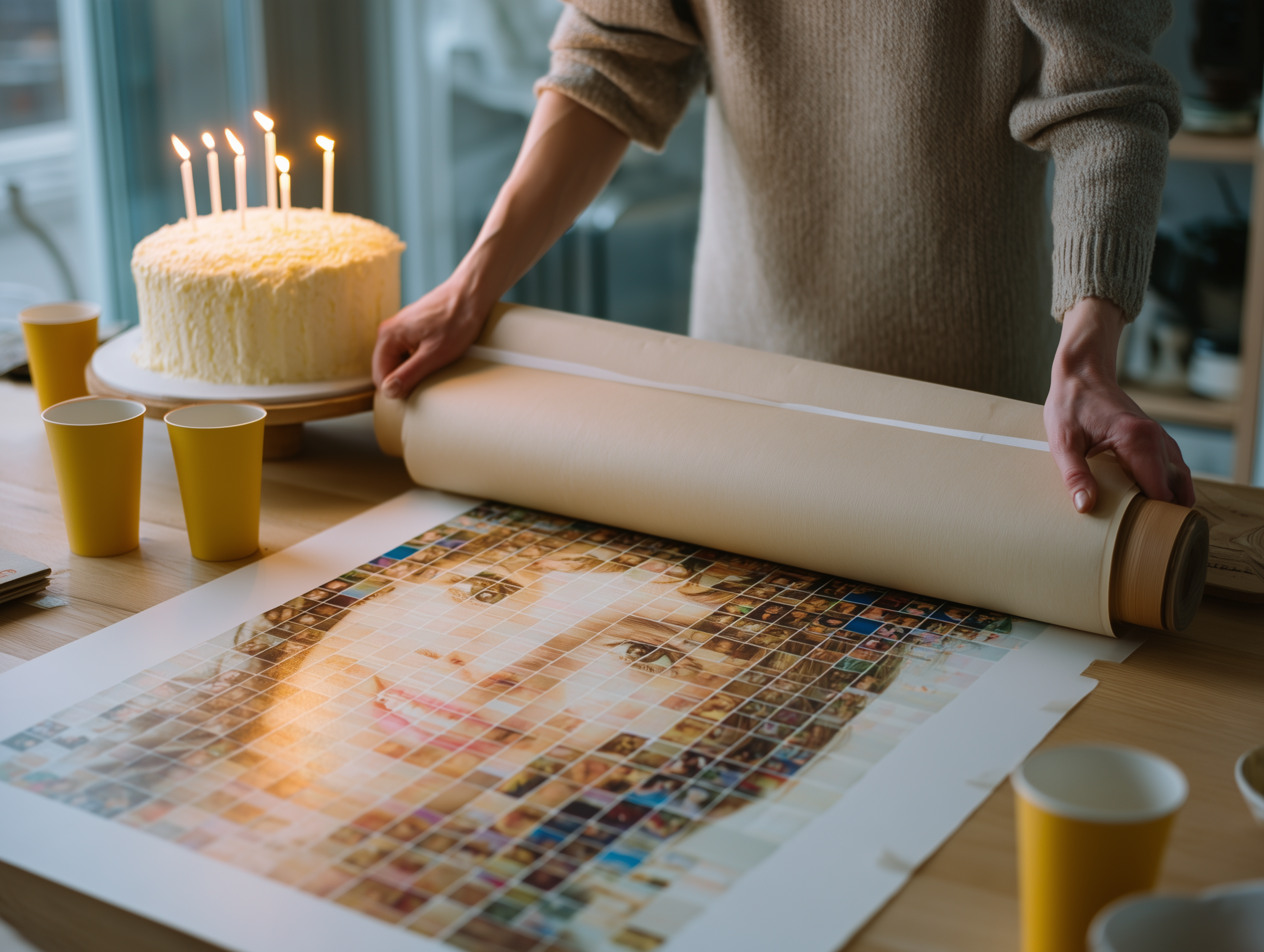 Pakker opp en fotomosaikk i bursdagsgave